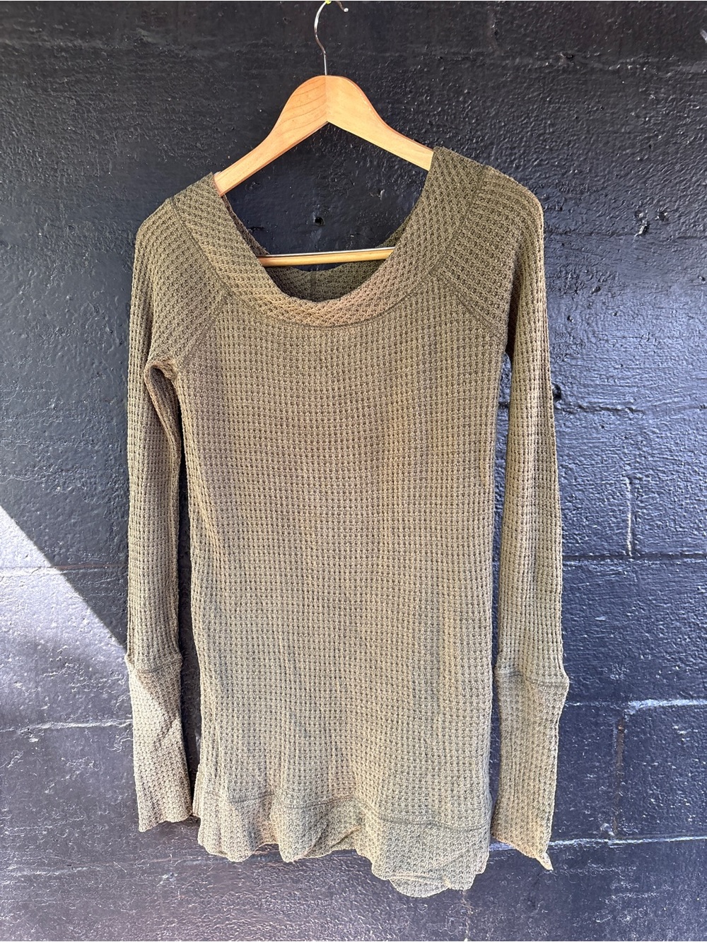 We The Free Olive Waffle-Knit Scoop Neck Sweater